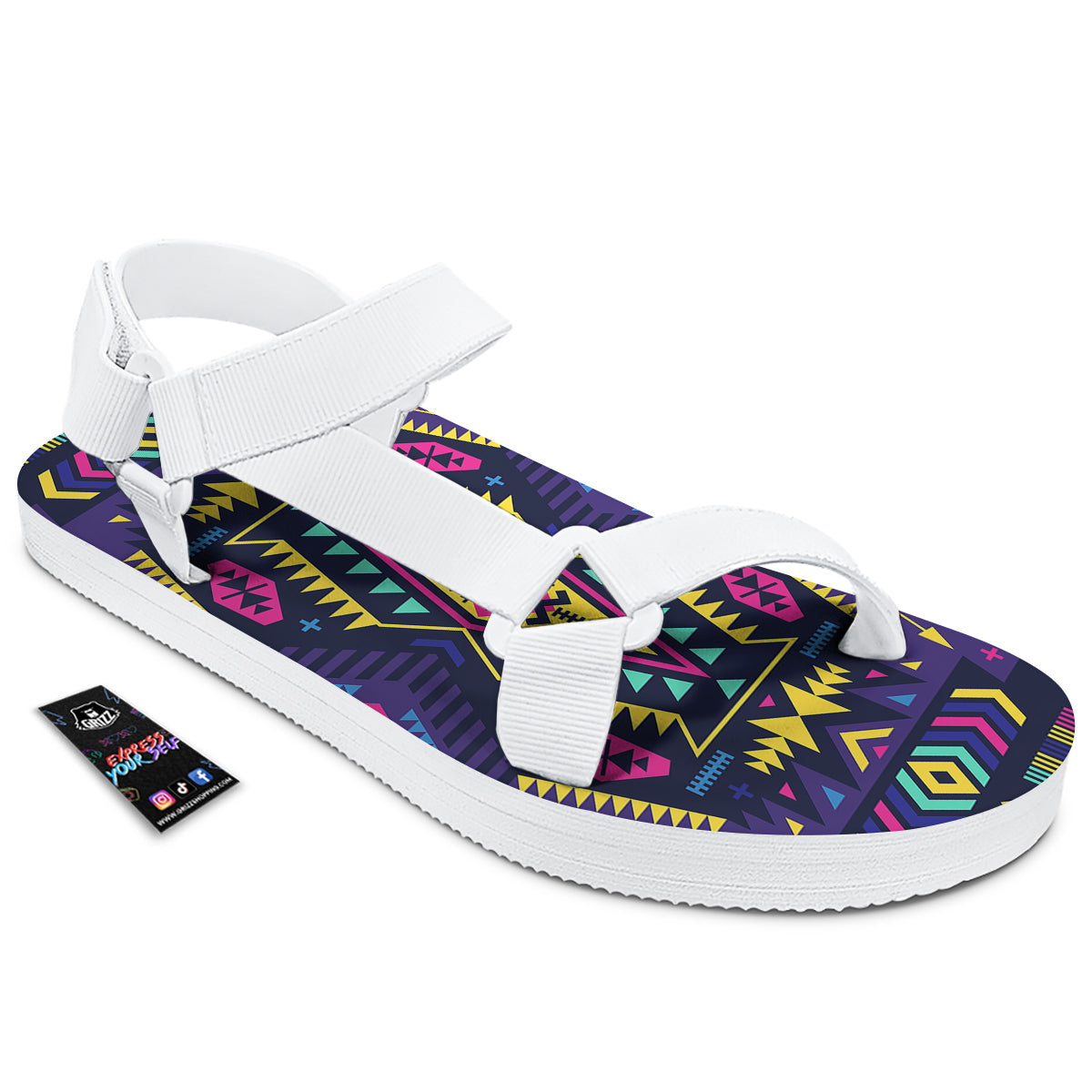 Multicolor Tribal Navajo Geometric Print White Open Toe Sandals-grizzshop