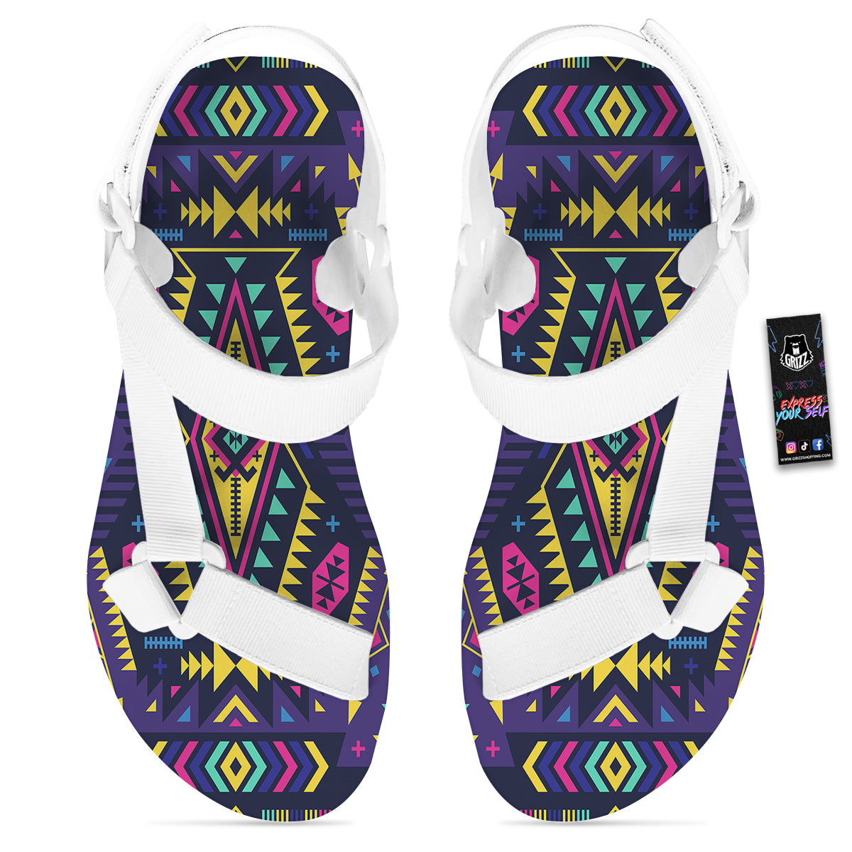 Multicolor Tribal Navajo Geometric Print White Open Toe Sandals-grizzshop