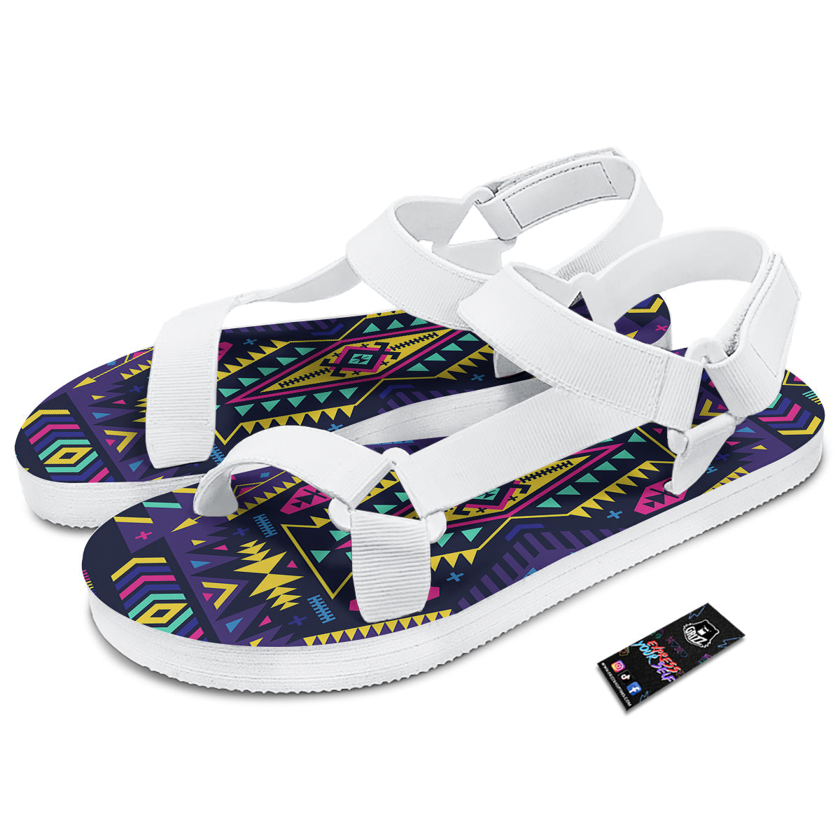 Multicolor Tribal Navajo Geometric Print White Open Toe Sandals-grizzshop