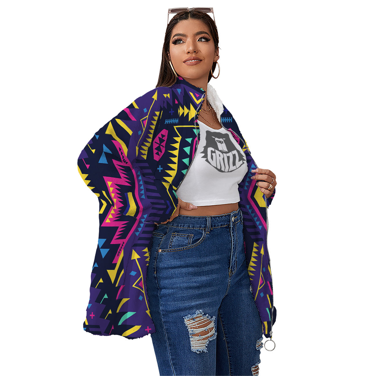 Multicolor Tribal Navajo Geometric Print Women's Sherpa Jacket-grizzshop
