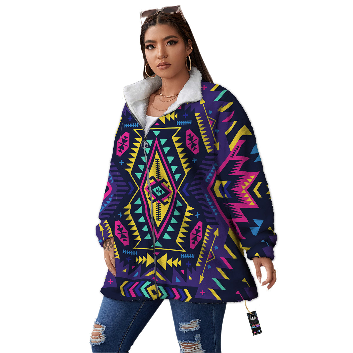 Multicolor Tribal Navajo Geometric Print Women's Sherpa Jacket-grizzshop