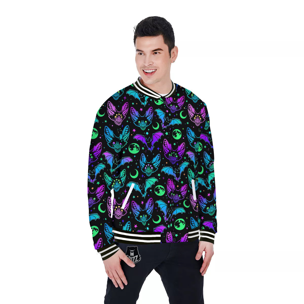 Multicolored Bats Print Pattern Baseball Jacket-grizzshop
