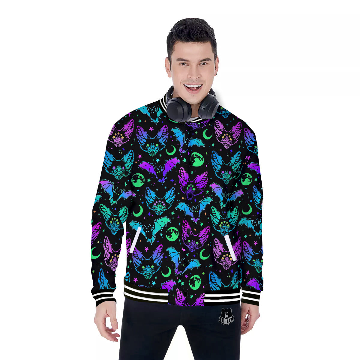 Multicolored Bats Print Pattern Baseball Jacket-grizzshop