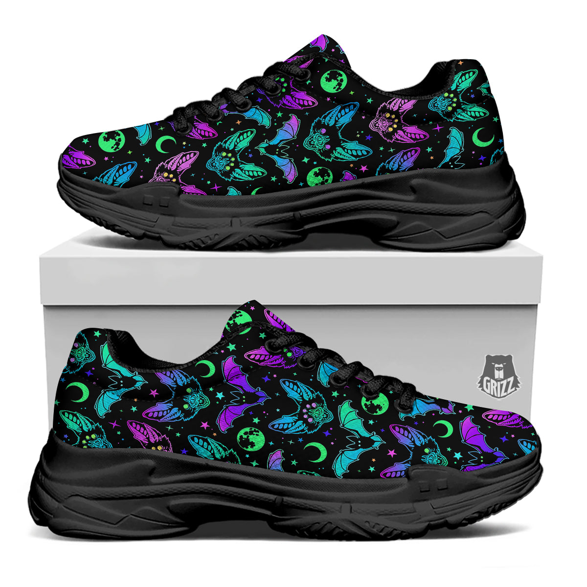 Multicolored Bats Print Pattern Black Chunky Shoes-grizzshop