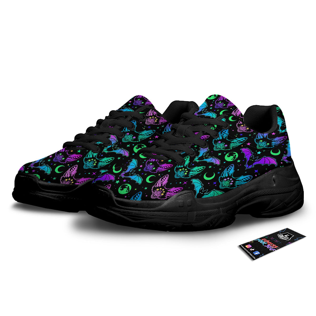 Multicolored Bats Print Pattern Black Chunky Shoes-grizzshop