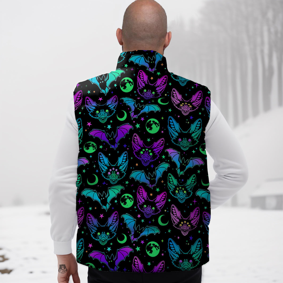 Multicolored Bats Print Pattern Down Vest-grizzshop
