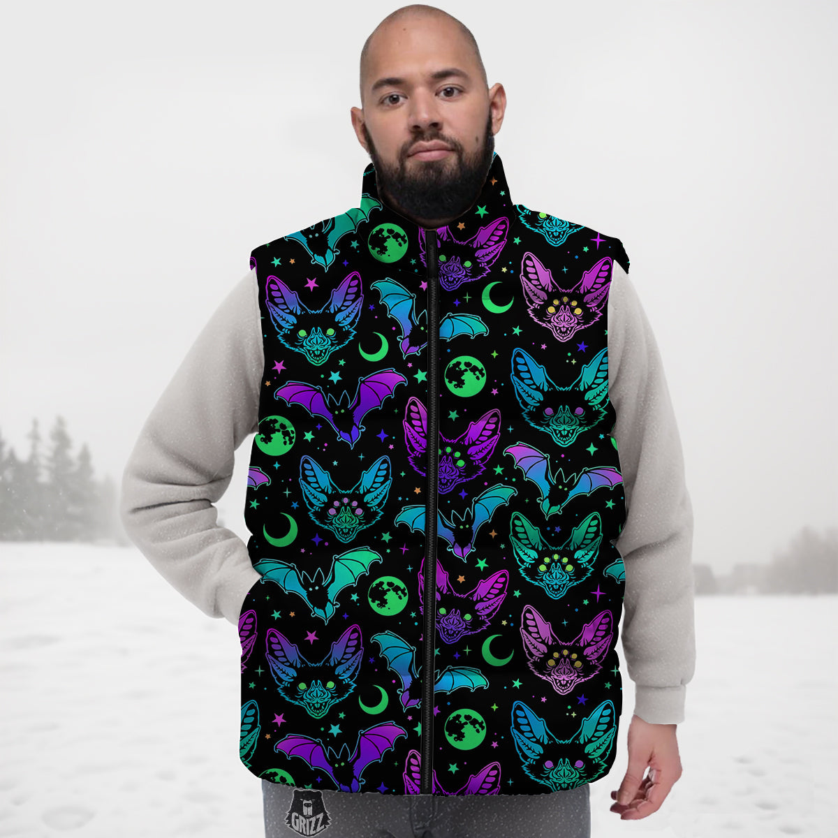 Multicolored Bats Print Pattern Down Vest-grizzshop