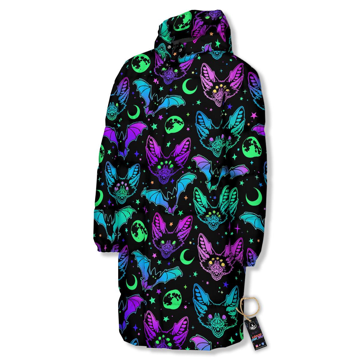 Multicolored Bats Print Pattern Long Down Jacket-grizzshop