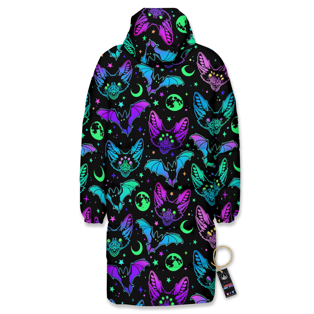 Multicolored Bats Print Pattern Long Down Jacket-grizzshop