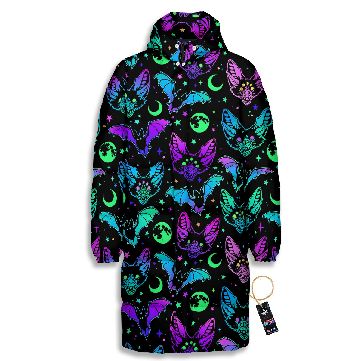 Multicolored Bats Print Pattern Long Down Jacket-grizzshop