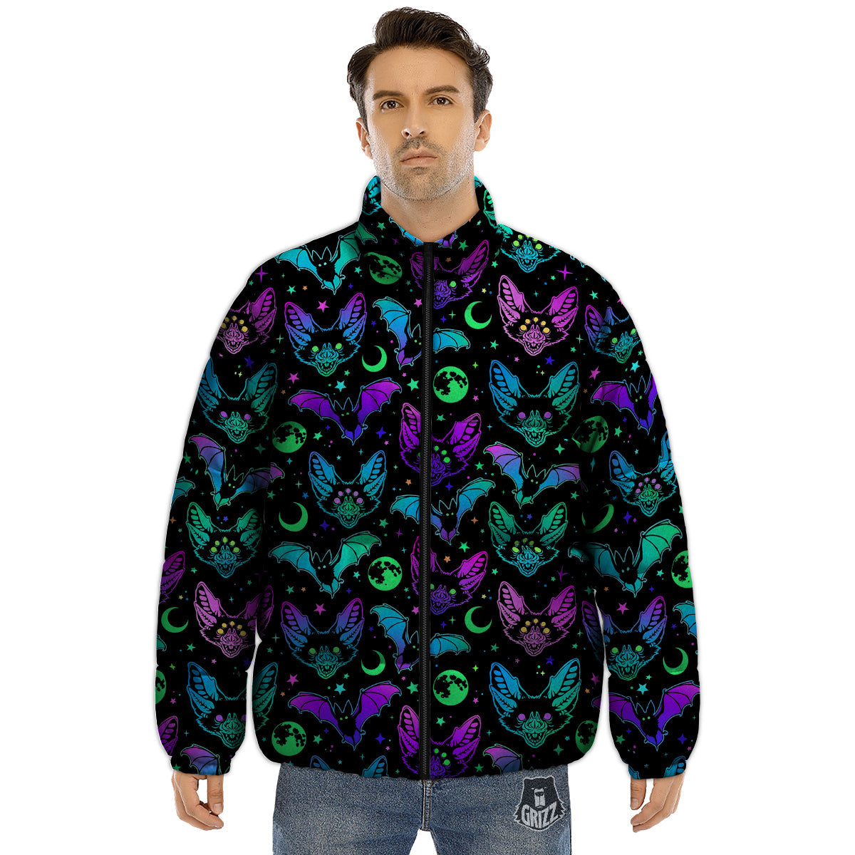 Multicolored Bats Print Pattern Puffer Jacket-grizzshop