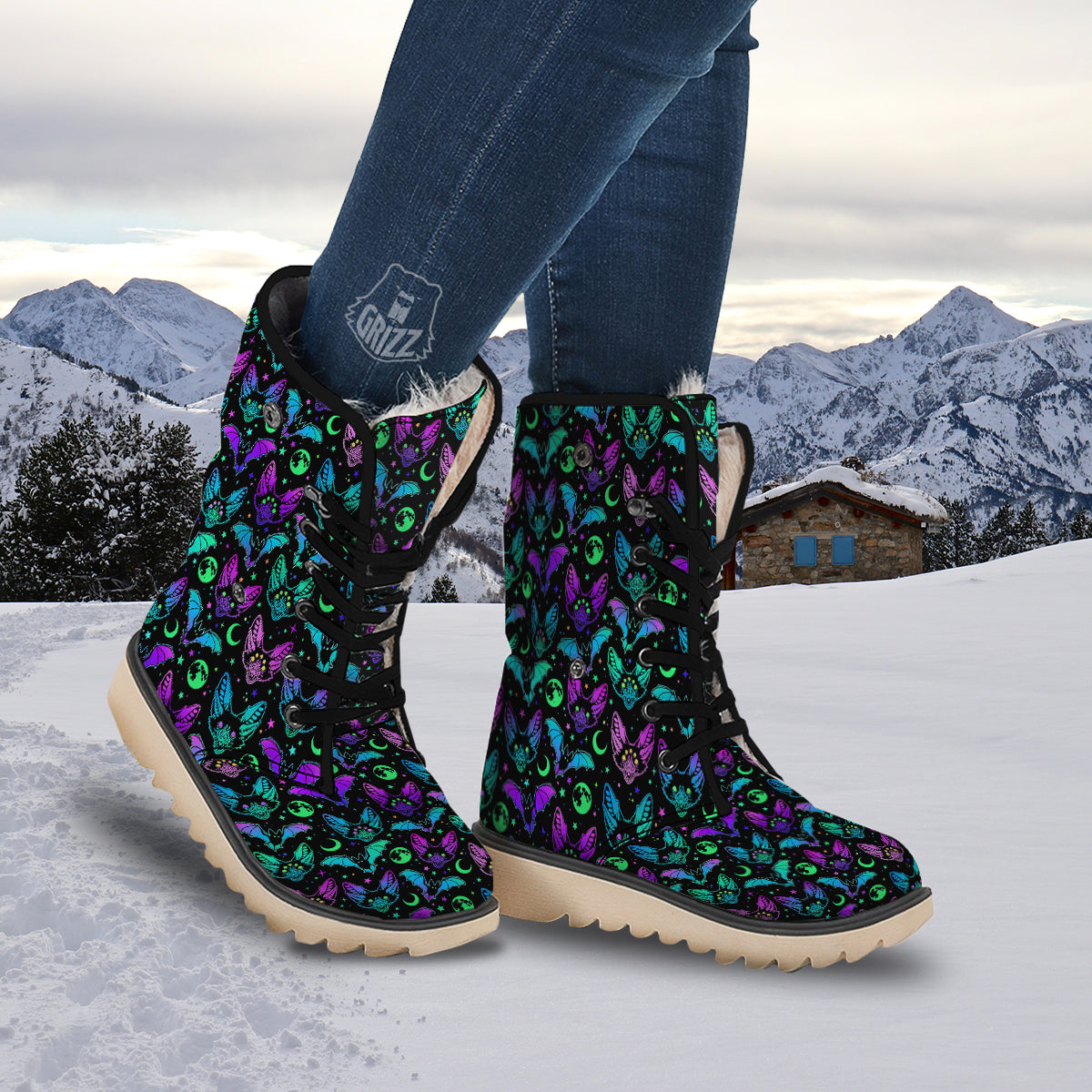 Multicolored Bats Print Pattern Snow Boots-grizzshop