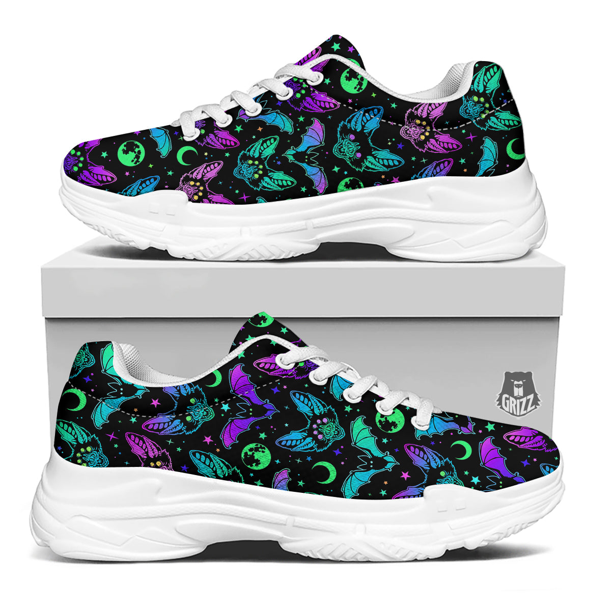 Multicolored Bats Print Pattern White Chunky Shoes-grizzshop