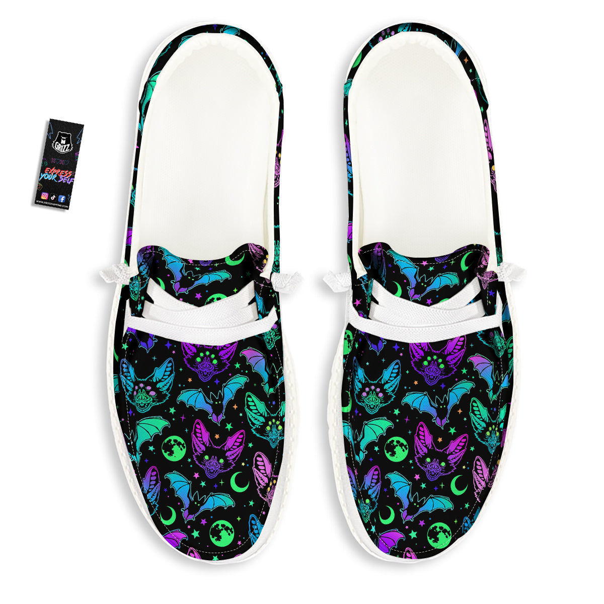 Multicolored Bats Print Pattern White Loafers-grizzshop