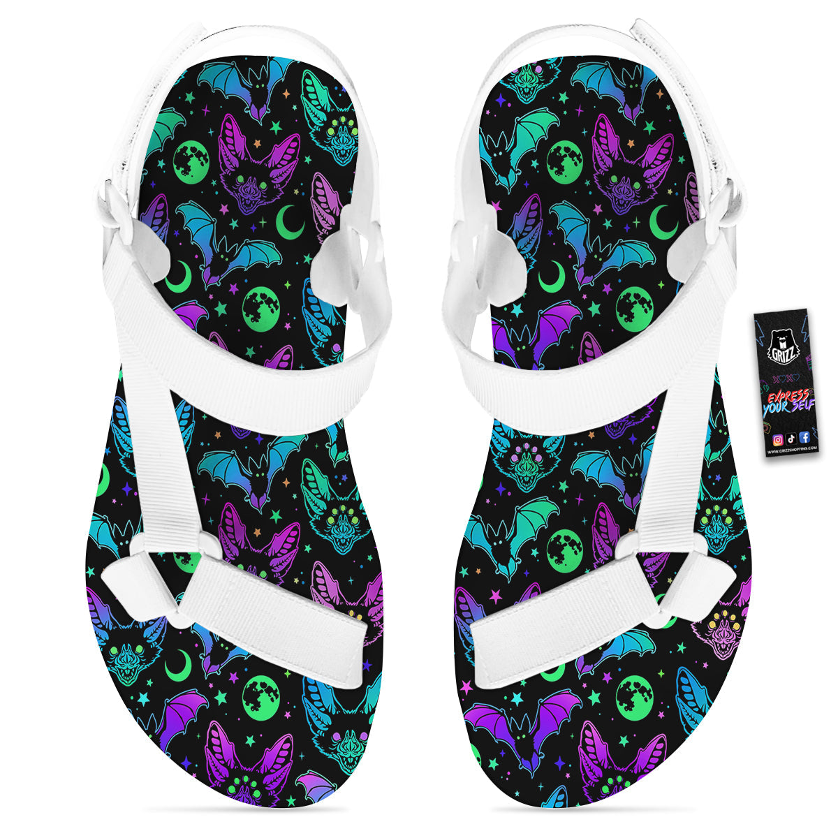 Multicolored Bats Print Pattern White Open Toe Sandals-grizzshop