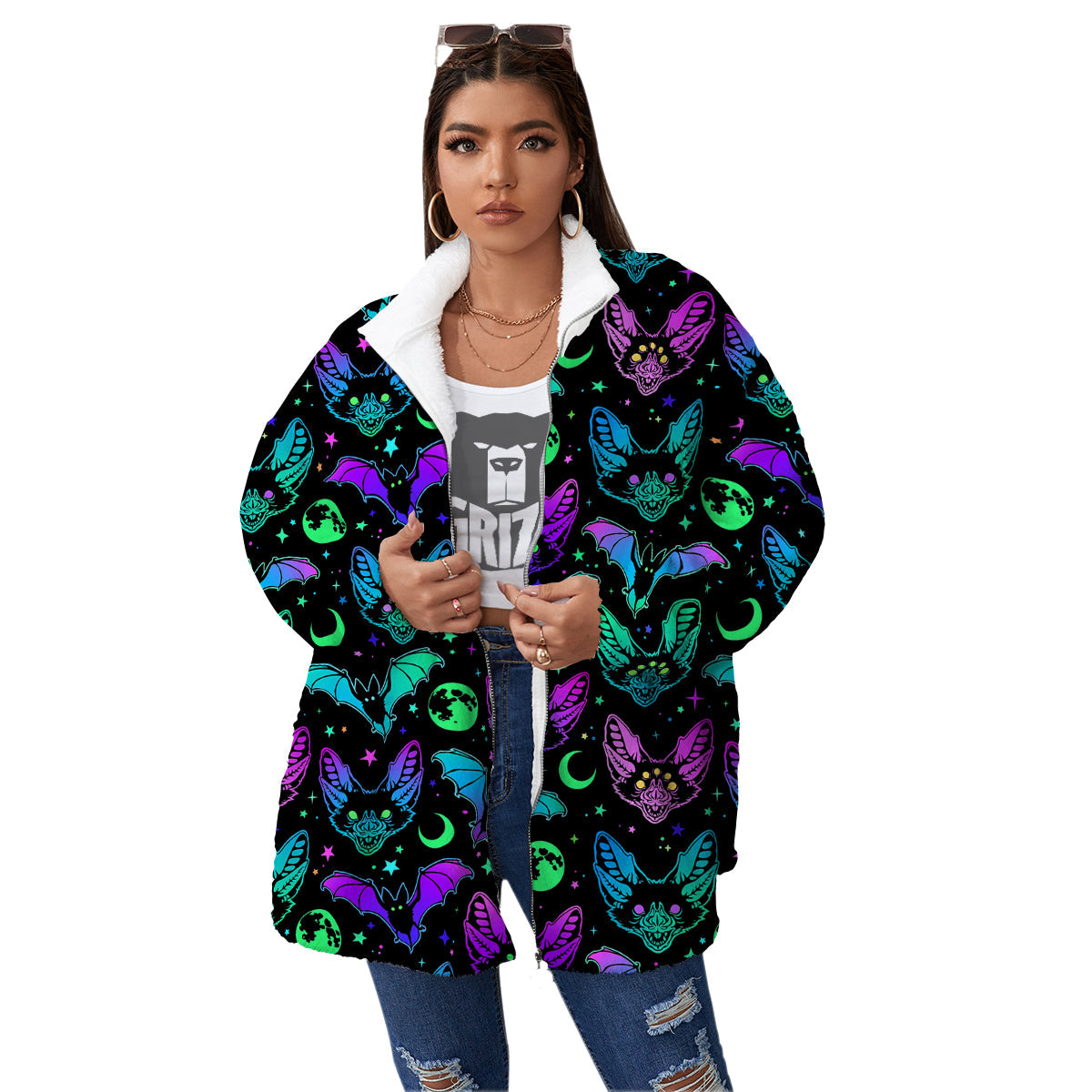 Multicolored Bats Print Pattern Women's Sherpa Jacket-grizzshop