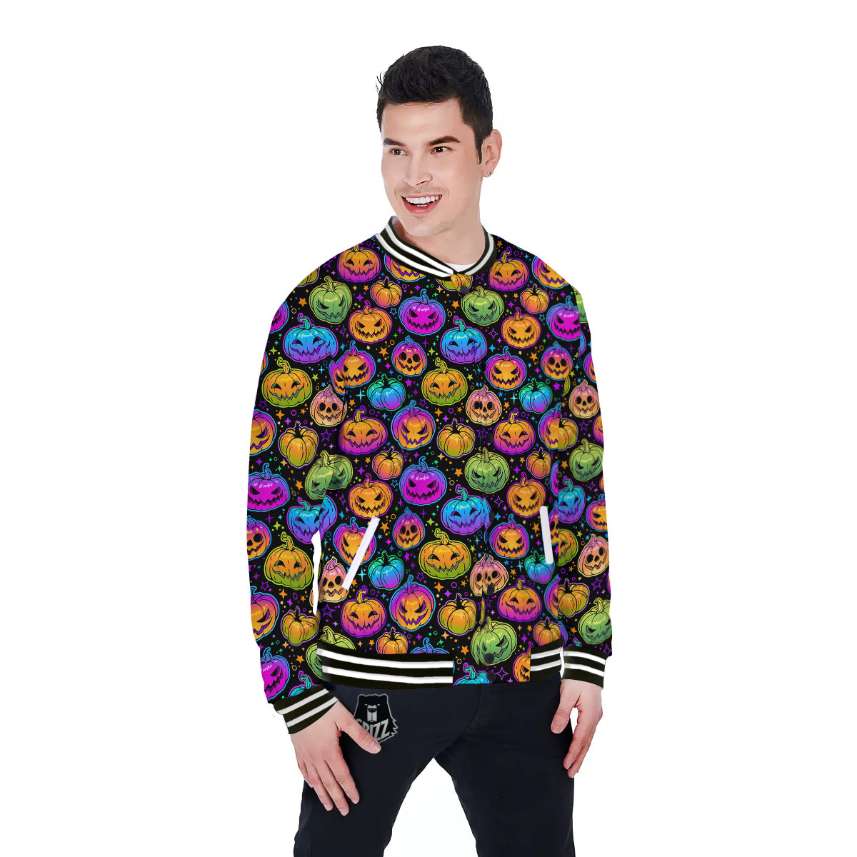 Multicolored Pumpkins Halloween Print Pattern Baseball Jacket-grizzshop