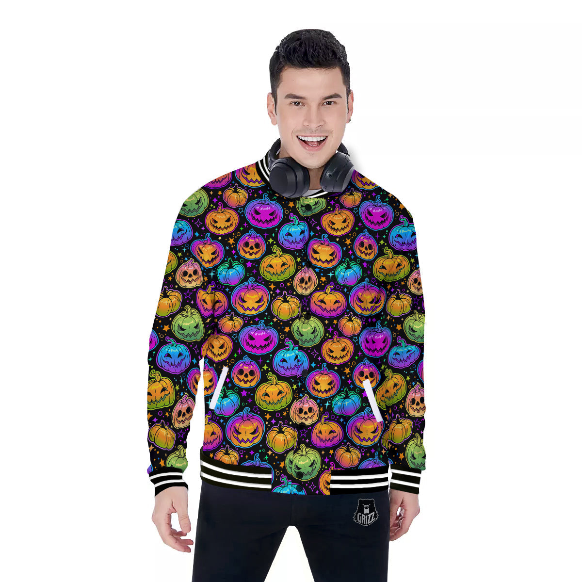 Multicolored Pumpkins Halloween Print Pattern Baseball Jacket-grizzshop