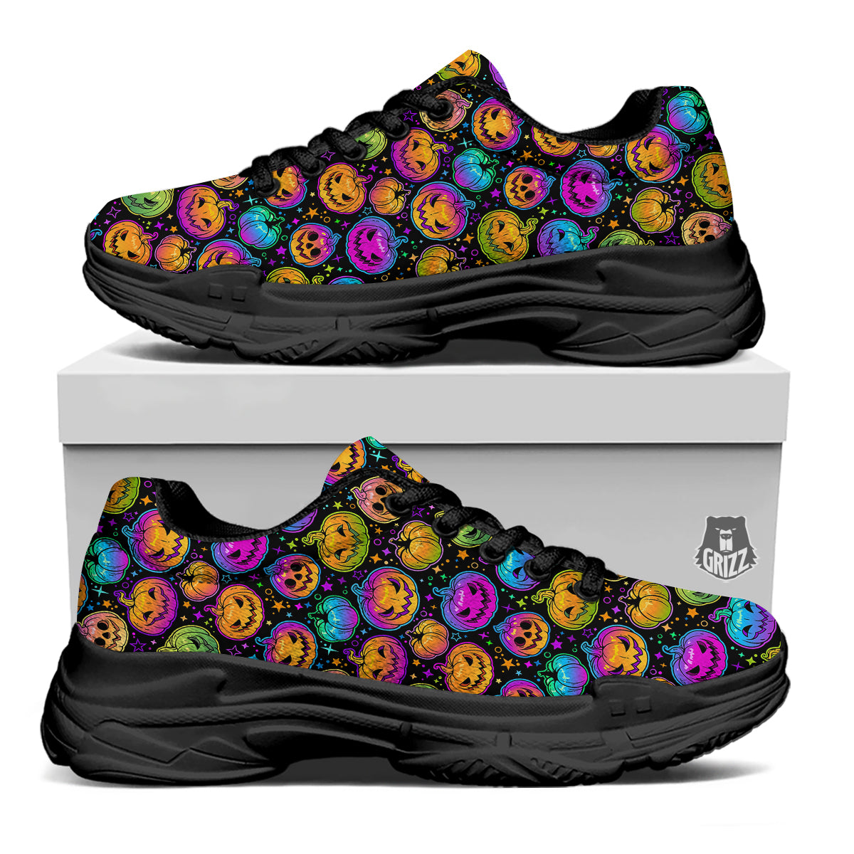 Multicolored Pumpkins Halloween Print Pattern Black Chunky Shoes-grizzshop