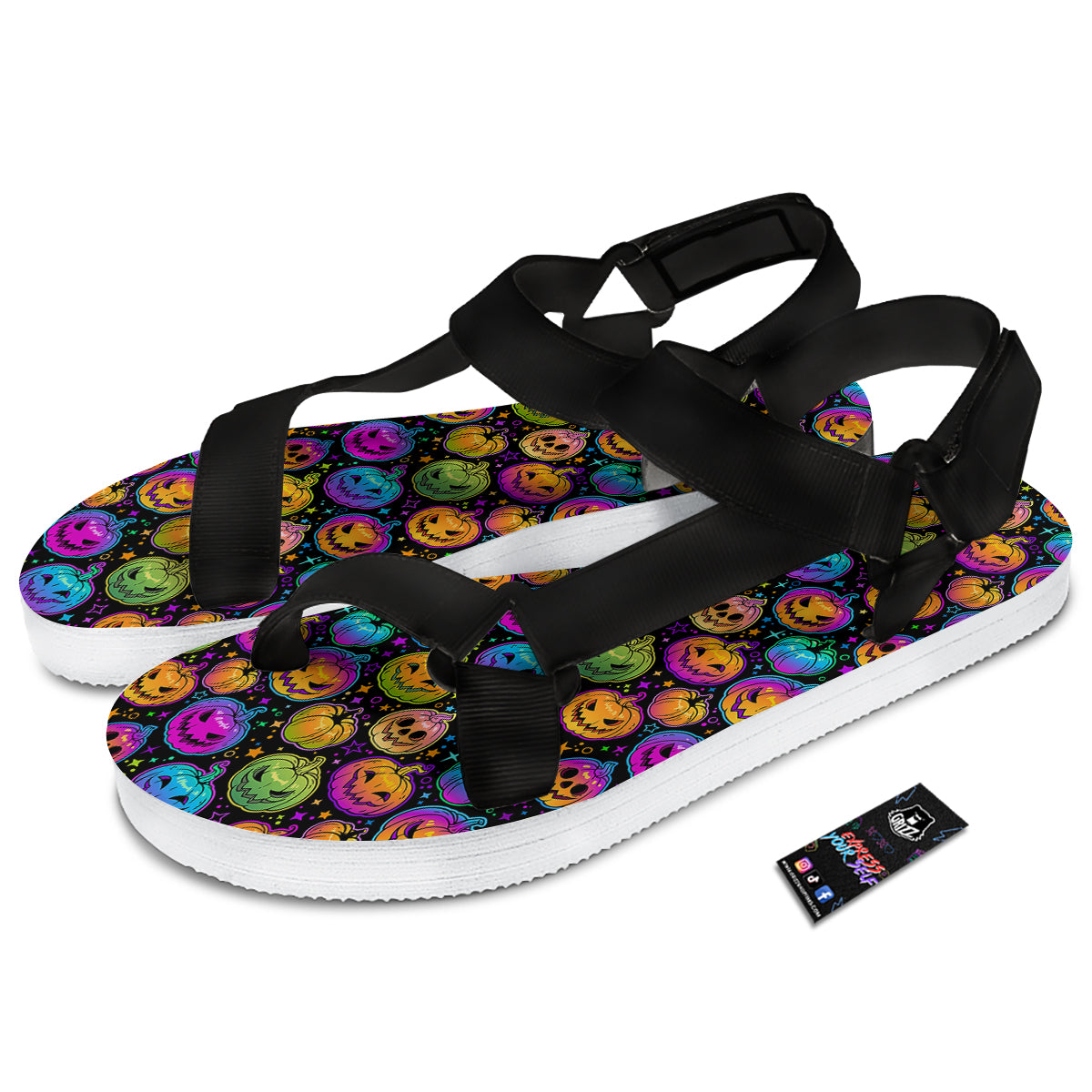 Multicolored Pumpkins Halloween Print Pattern Black Open Toe Sandals-grizzshop