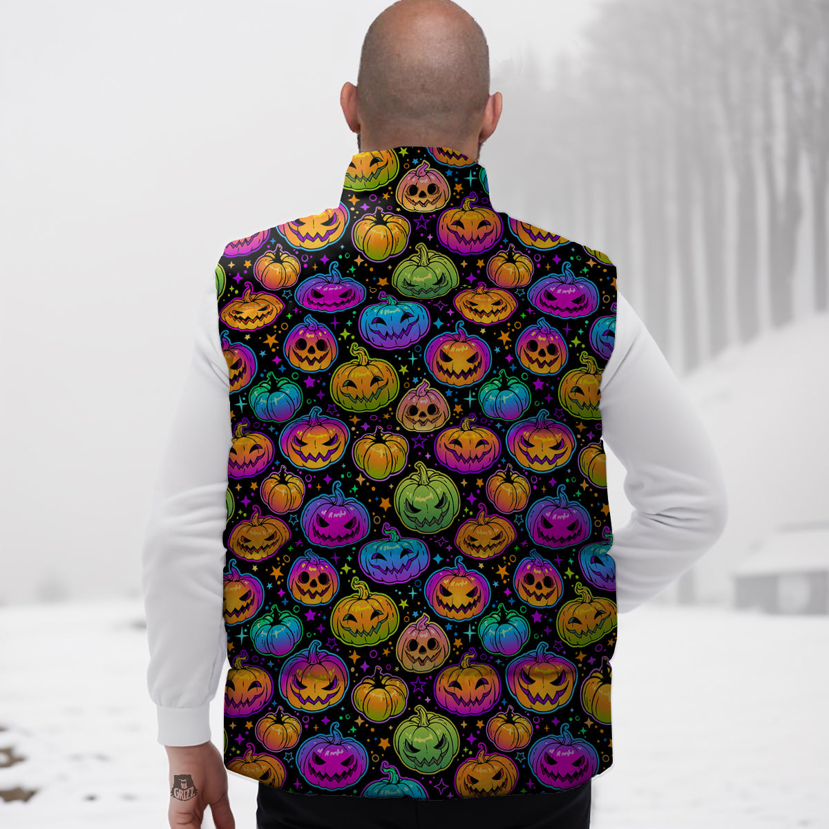 Multicolored Pumpkins Halloween Print Pattern Down Vest