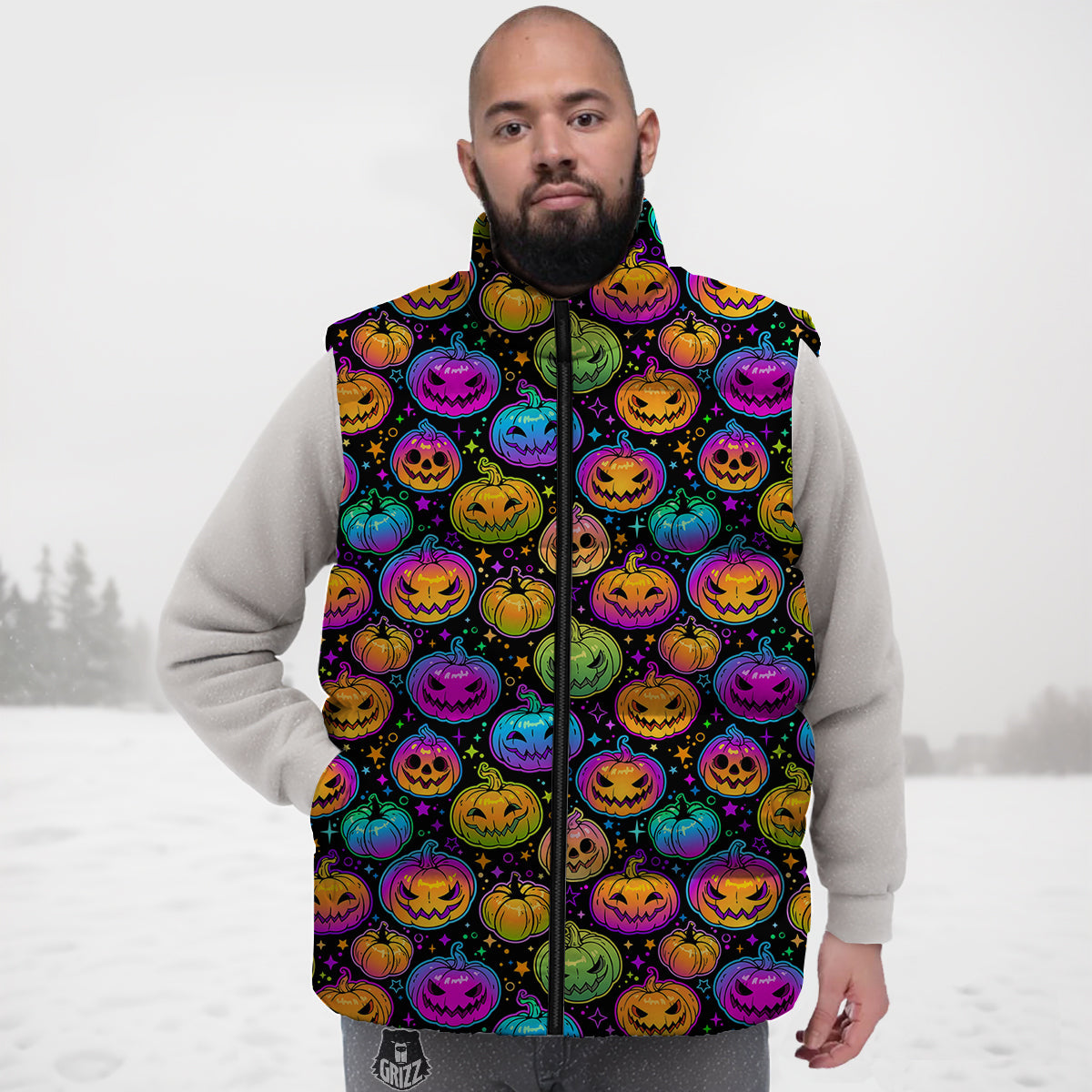 Multicolored Pumpkins Halloween Print Pattern Down Vest