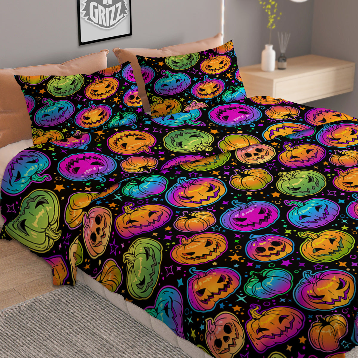 Multicolored Pumpkins Halloween Print Pattern Duvet Cover Bedding Set