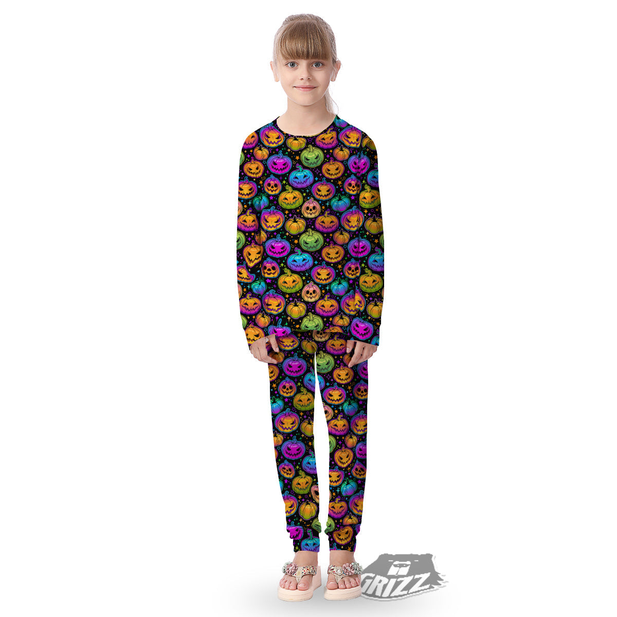 Multicolored Pumpkins Halloween Print Pattern Kid's Pajamas-grizzshop