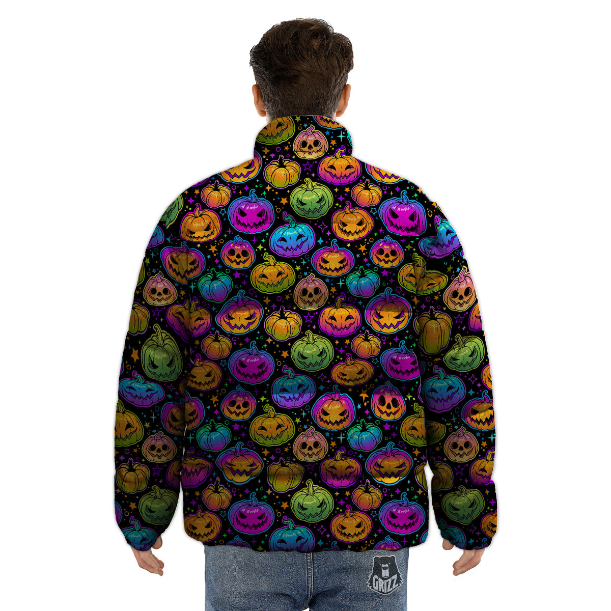 Multicolored Pumpkins Halloween Print Pattern Puffer Jacket-grizzshop