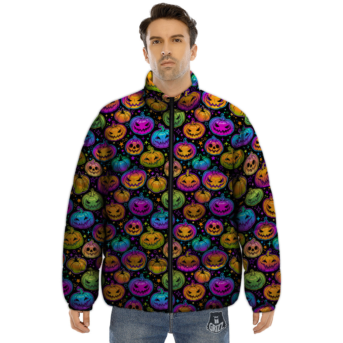 Multicolored Pumpkins Halloween Print Pattern Puffer Jacket-grizzshop