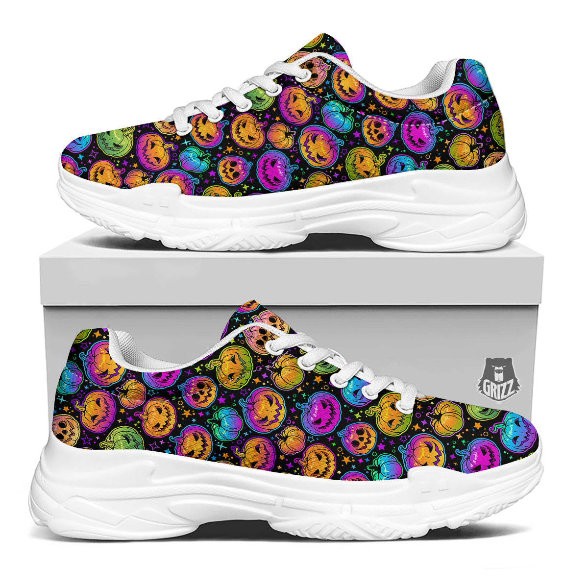 Multicolored Pumpkins Halloween Print Pattern White Chunky Shoes-grizzshop