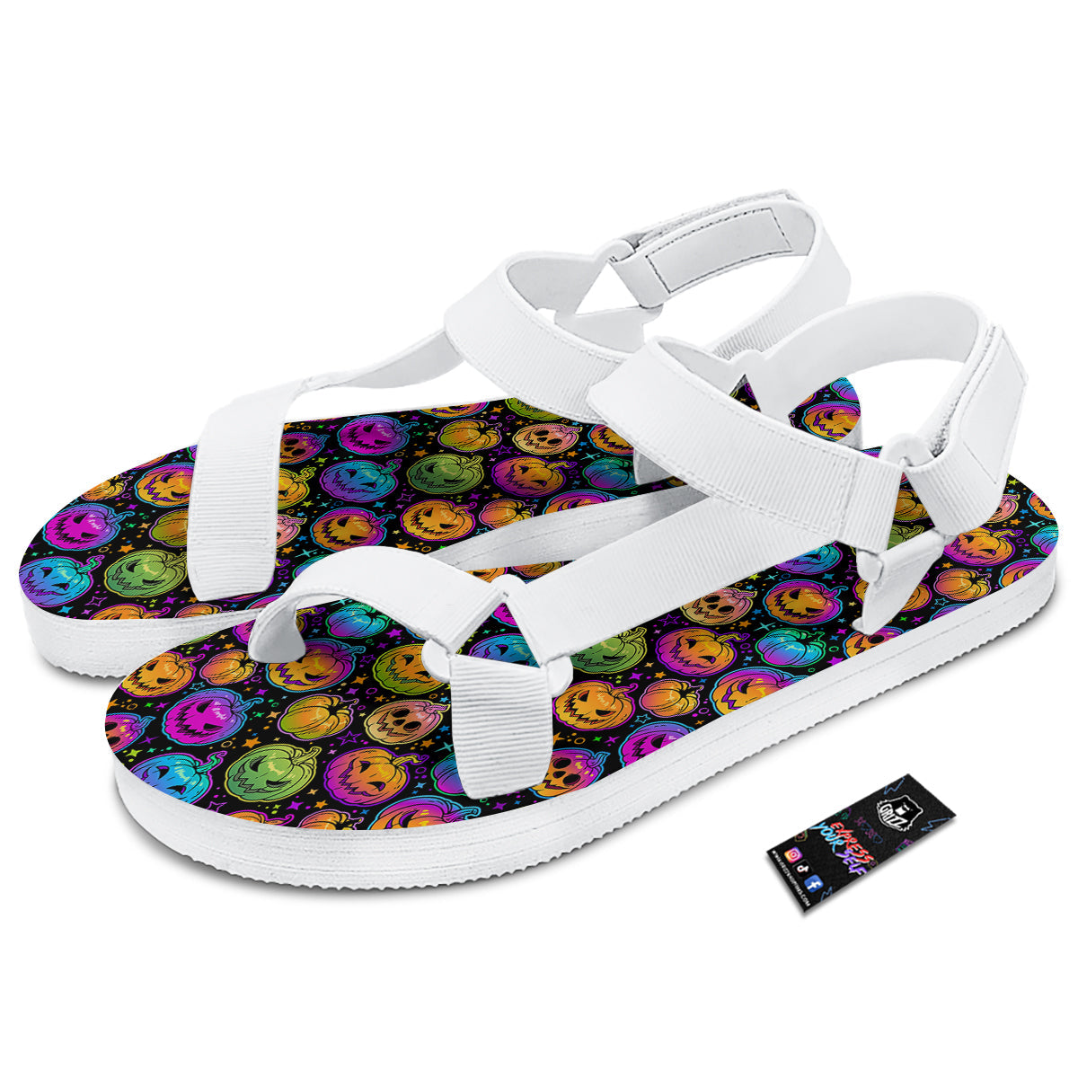 Multicolored Pumpkins Halloween Print Pattern White Open Toe Sandals-grizzshop