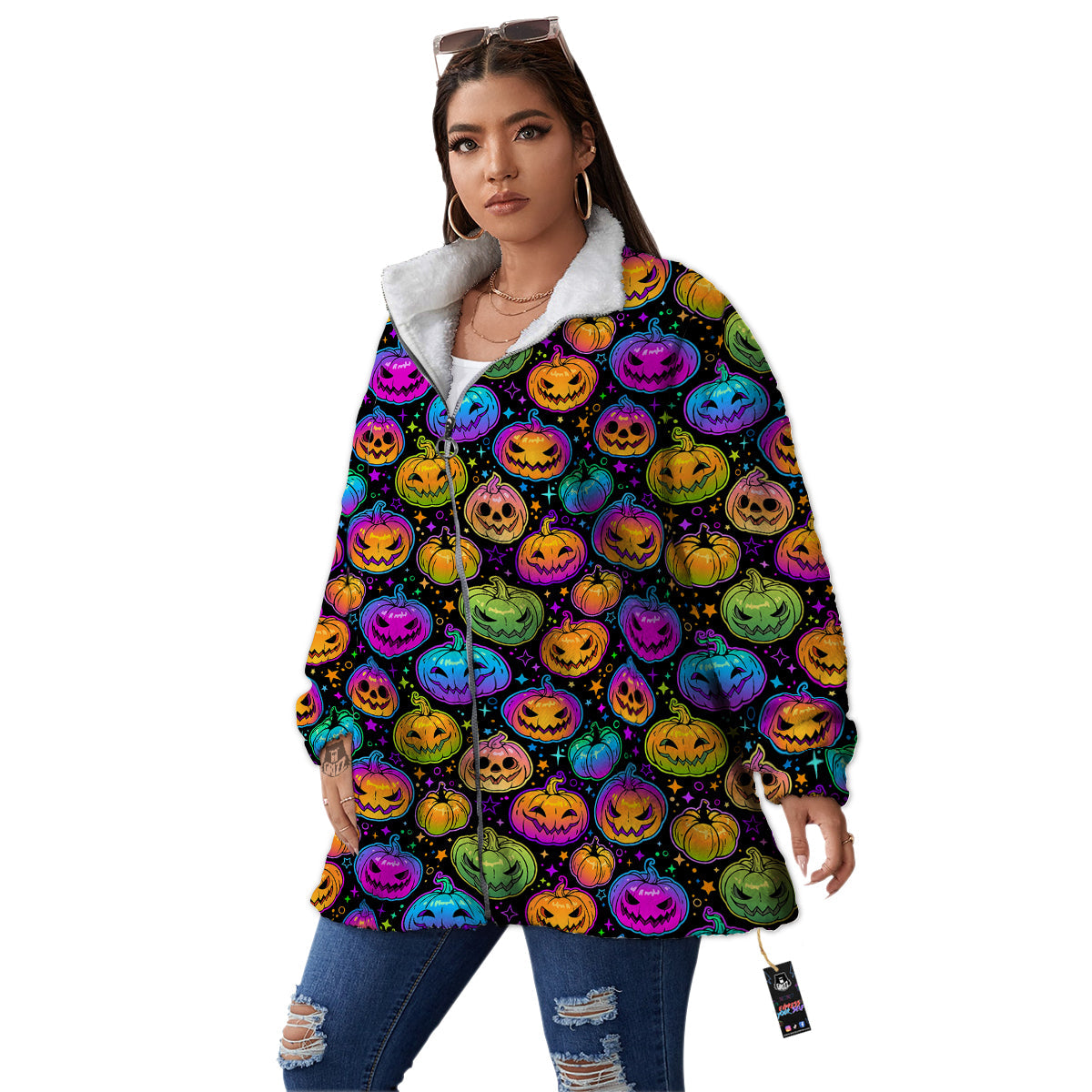 Multicolored Pumpkins Halloween Print Pattern Women's Sherpa Jacket-grizzshop