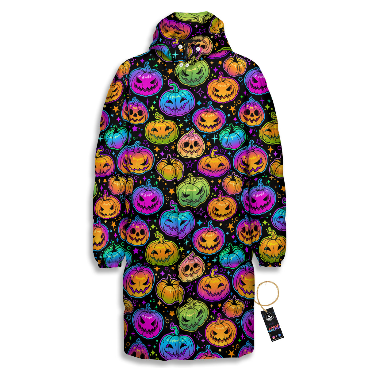 Multicolored Pumpkins Halloween Print Pattern Long Down Jacket