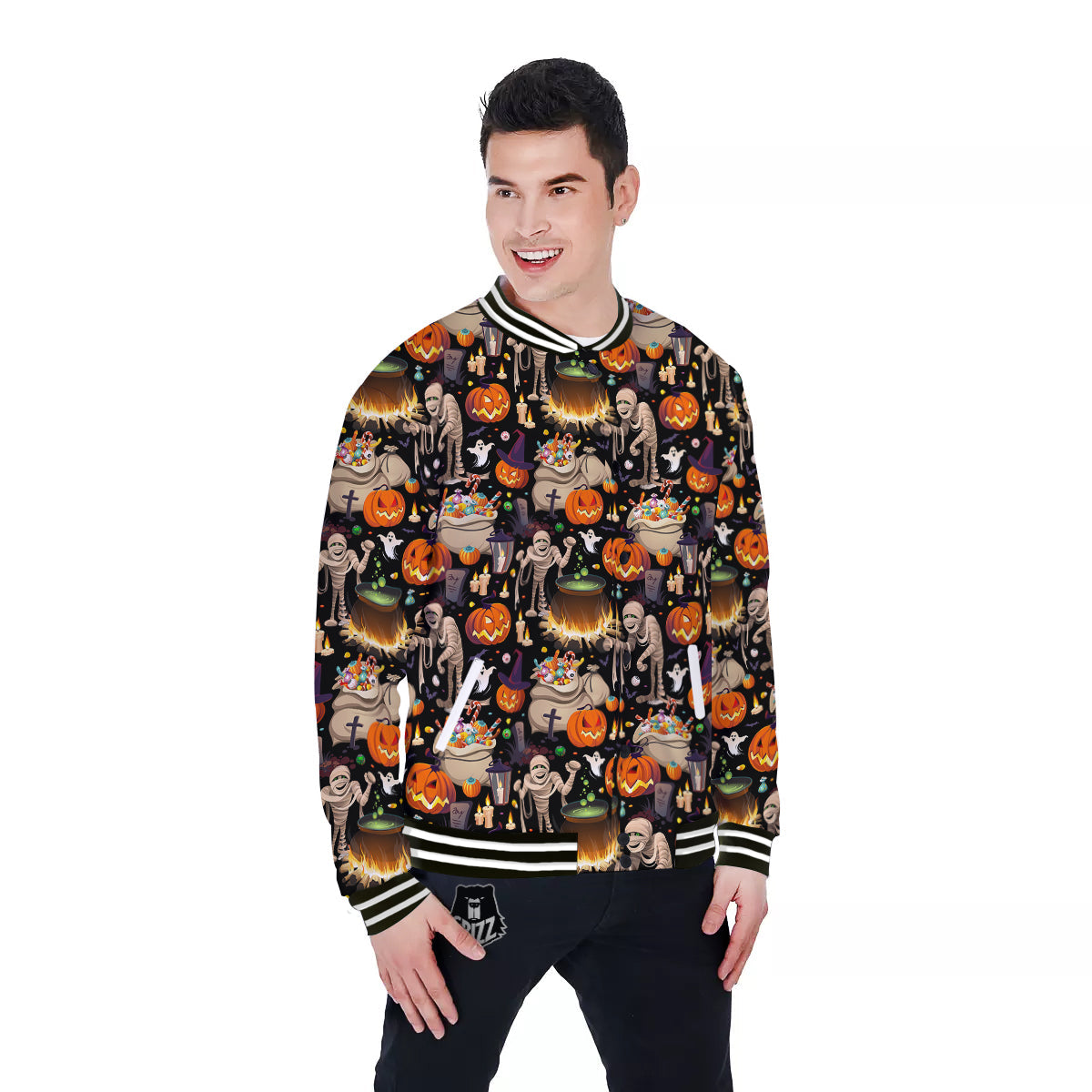 Mummy And Pumpkins Halloween Print Pattern Baseball Jacket-grizzshop