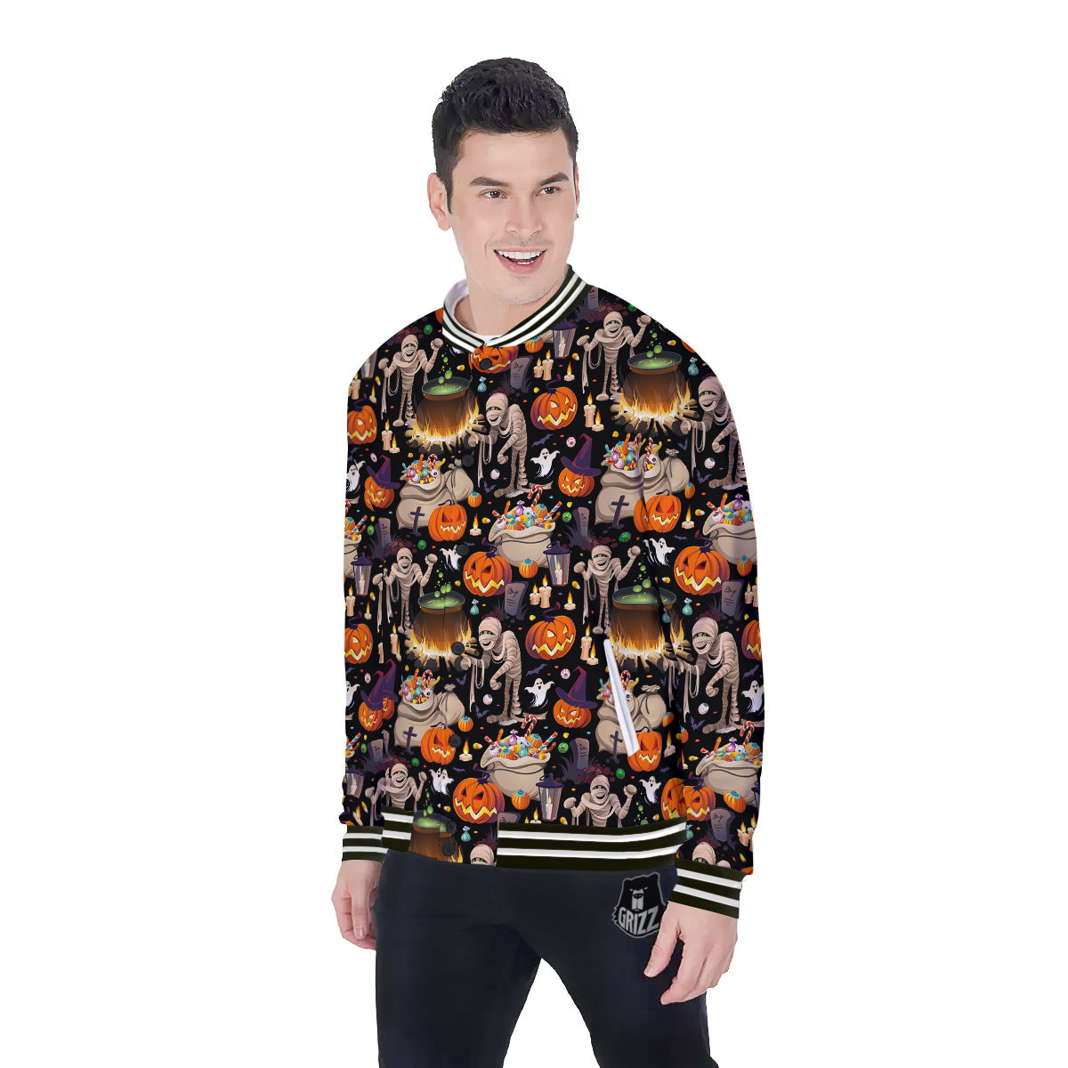Mummy And Pumpkins Halloween Print Pattern Baseball Jacket-grizzshop