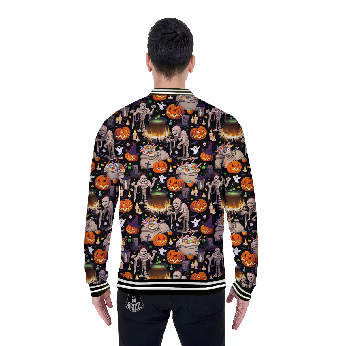 Mummy And Pumpkins Halloween Print Pattern Baseball Jacket-grizzshop