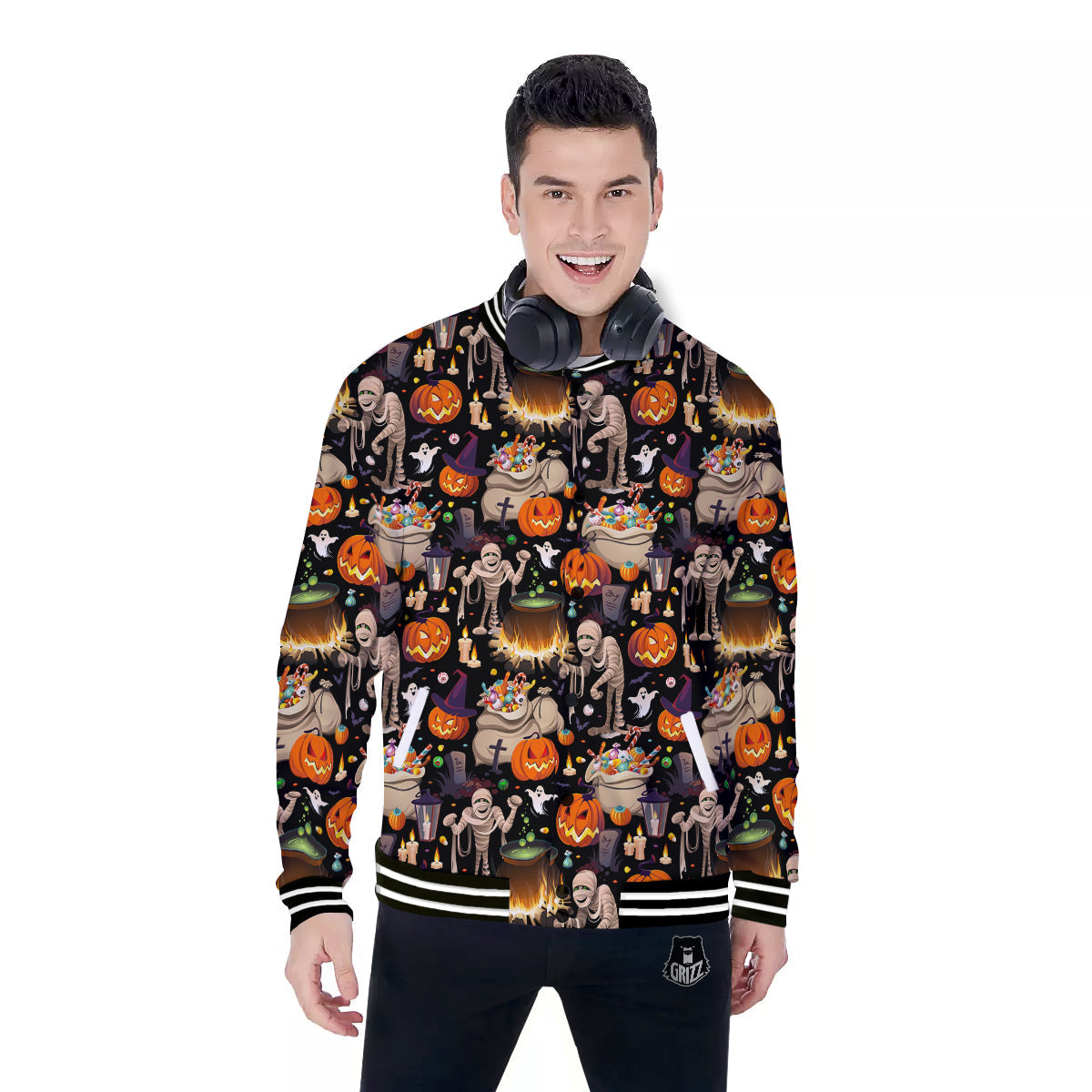 Mummy And Pumpkins Halloween Print Pattern Baseball Jacket-grizzshop