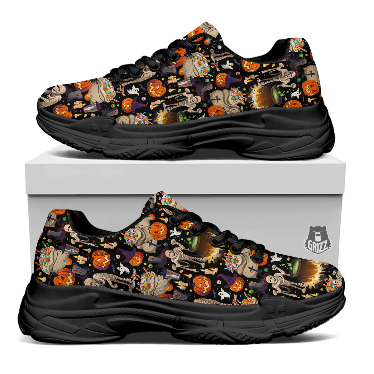 Mummy And Pumpkins Halloween Print Pattern Black Chunky Shoes-grizzshop