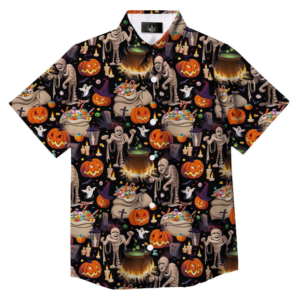 Mummy And Pumpkins Halloween Print Pattern Button Up Shirt-grizzshop