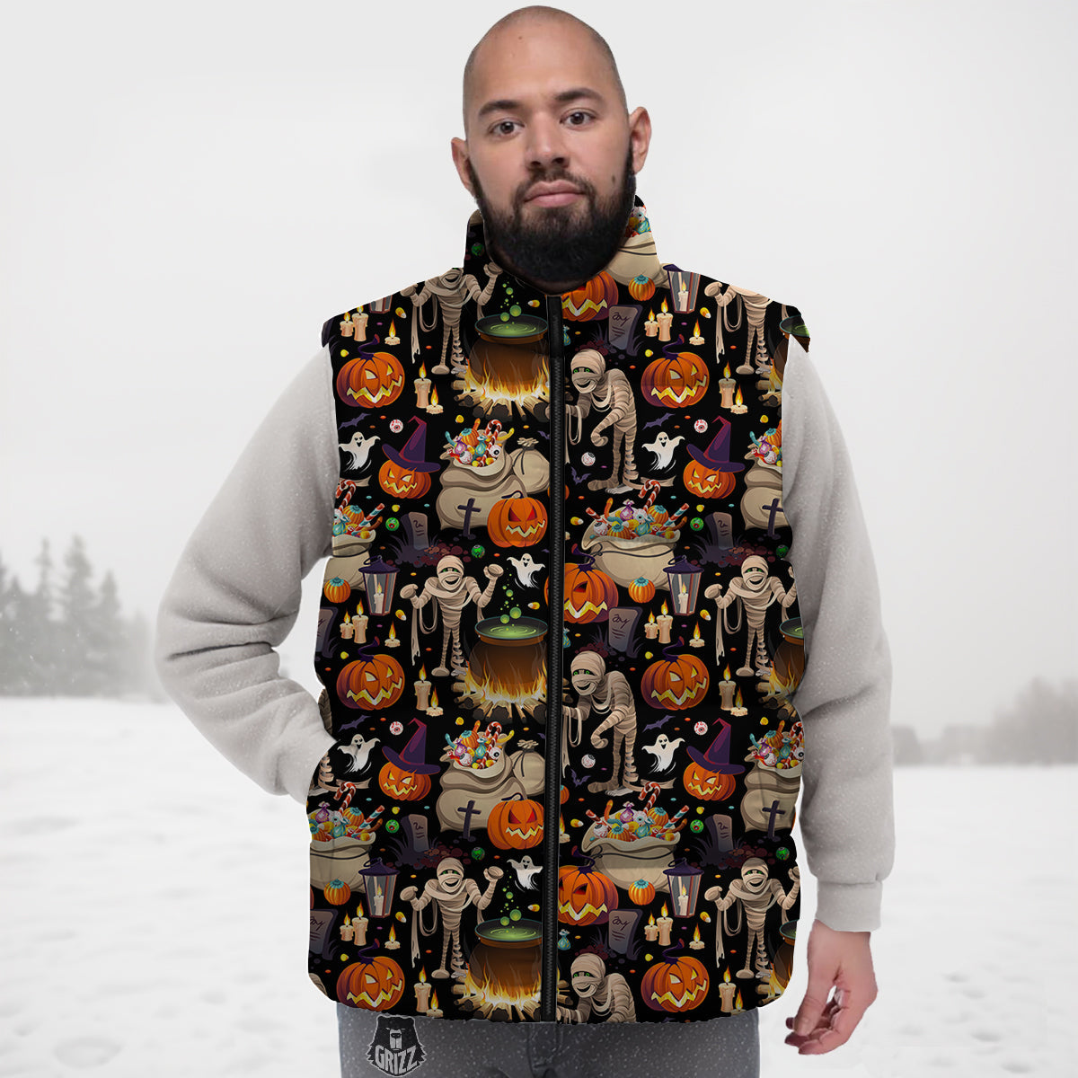 Mummy And Pumpkins Halloween Print Pattern Down Vest