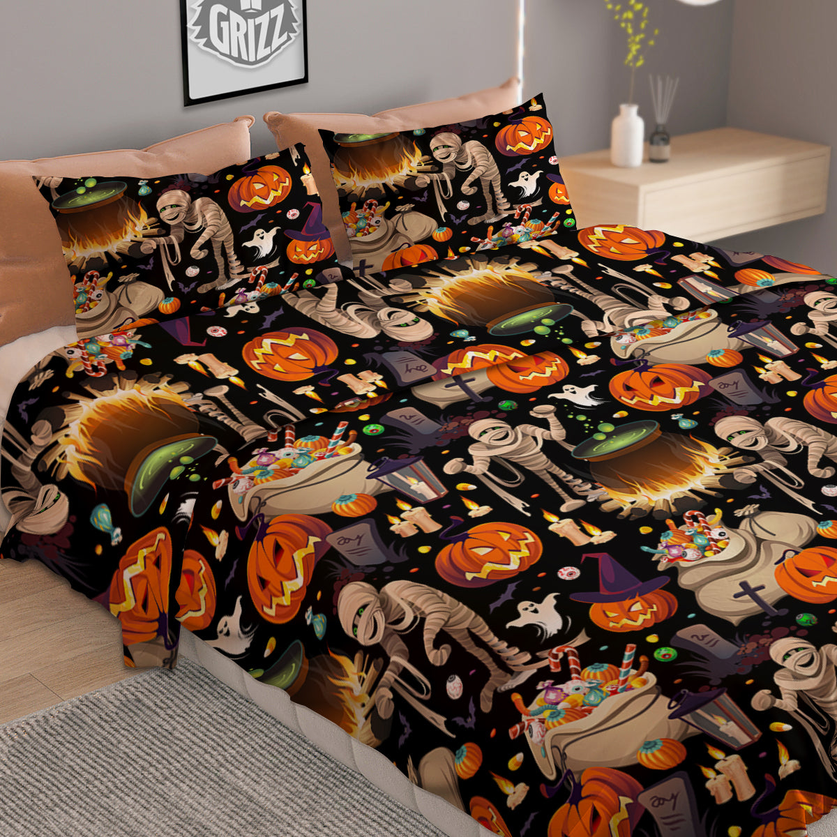 Mummy And Pumpkins Halloween Print Pattern Duvet Cover Bedding Set