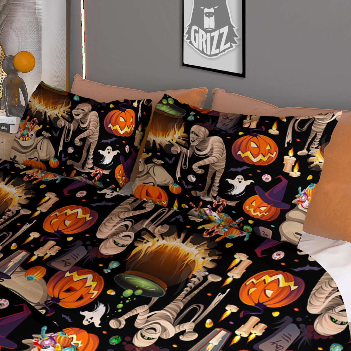 Mummy And Pumpkins Halloween Print Pattern Duvet Cover Bedding Set