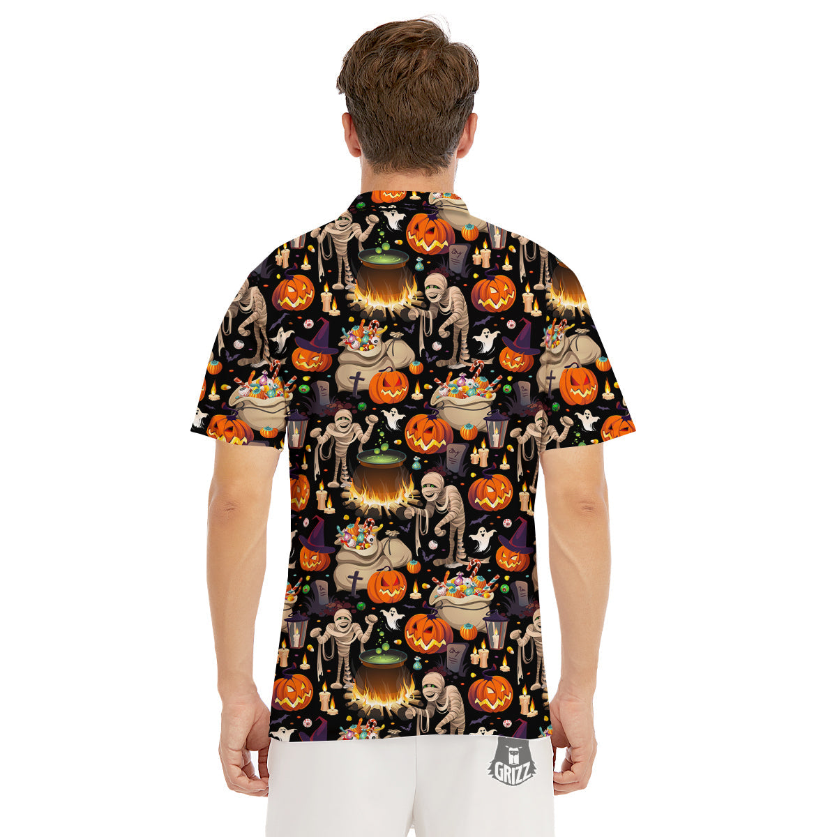 Mummy And Pumpkins Halloween Print Pattern Men's Golf Shirts-grizzshop