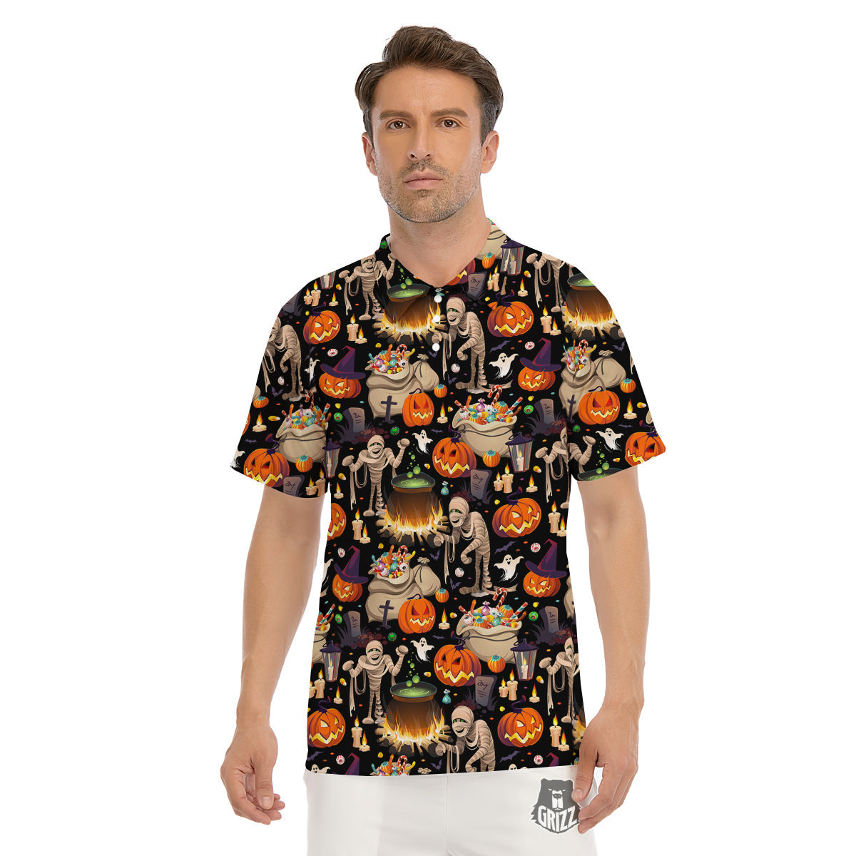Mummy And Pumpkins Halloween Print Pattern Men's Golf Shirts-grizzshop