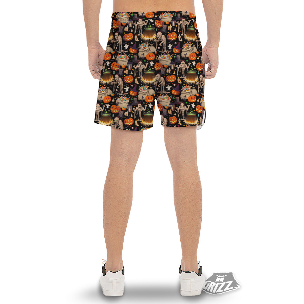Mummy And Pumpkins Halloween Print Pattern Men's Gym Shorts-grizzshop