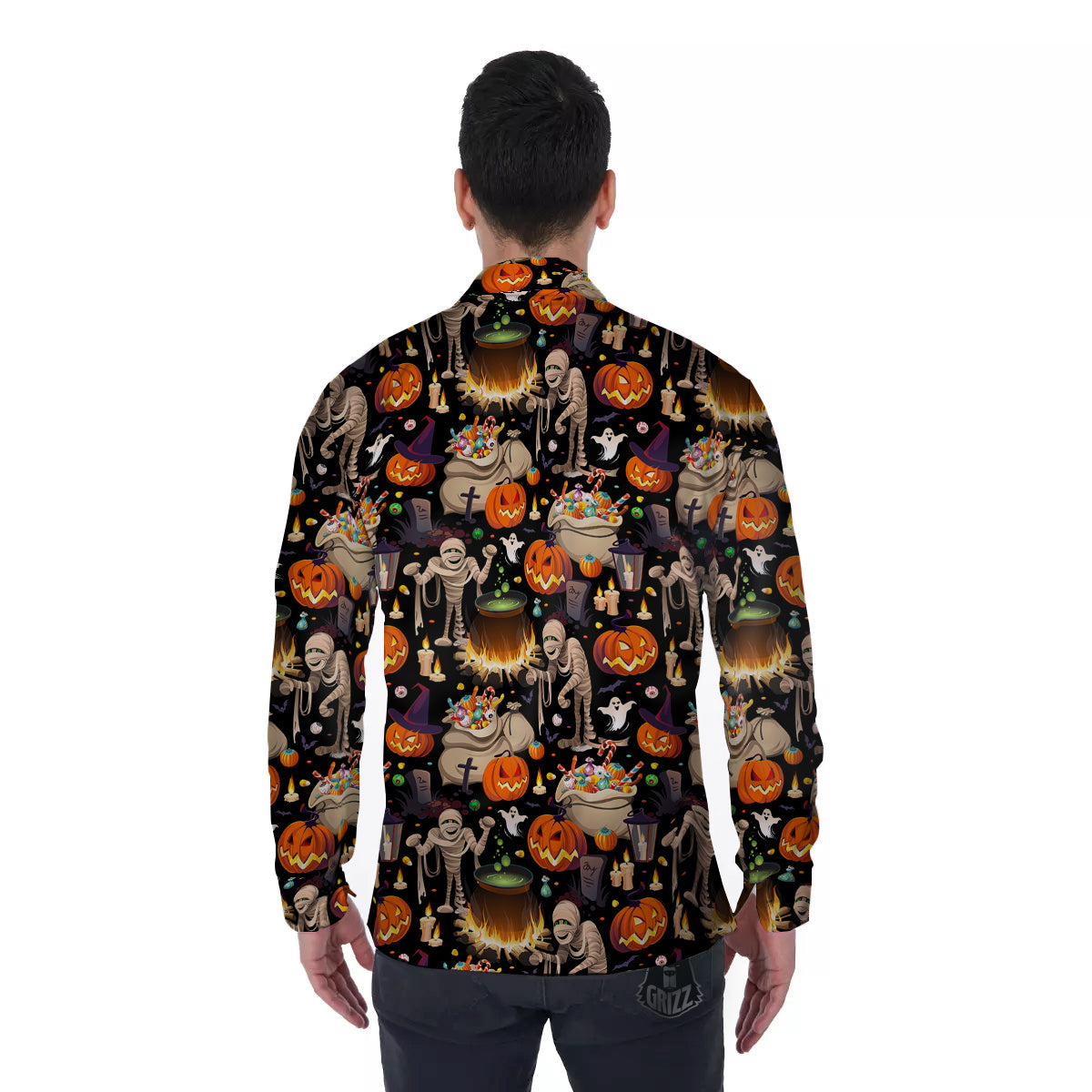 Mummy And Pumpkins Halloween Print Pattern Men's Long Sleeve Shirts-grizzshop