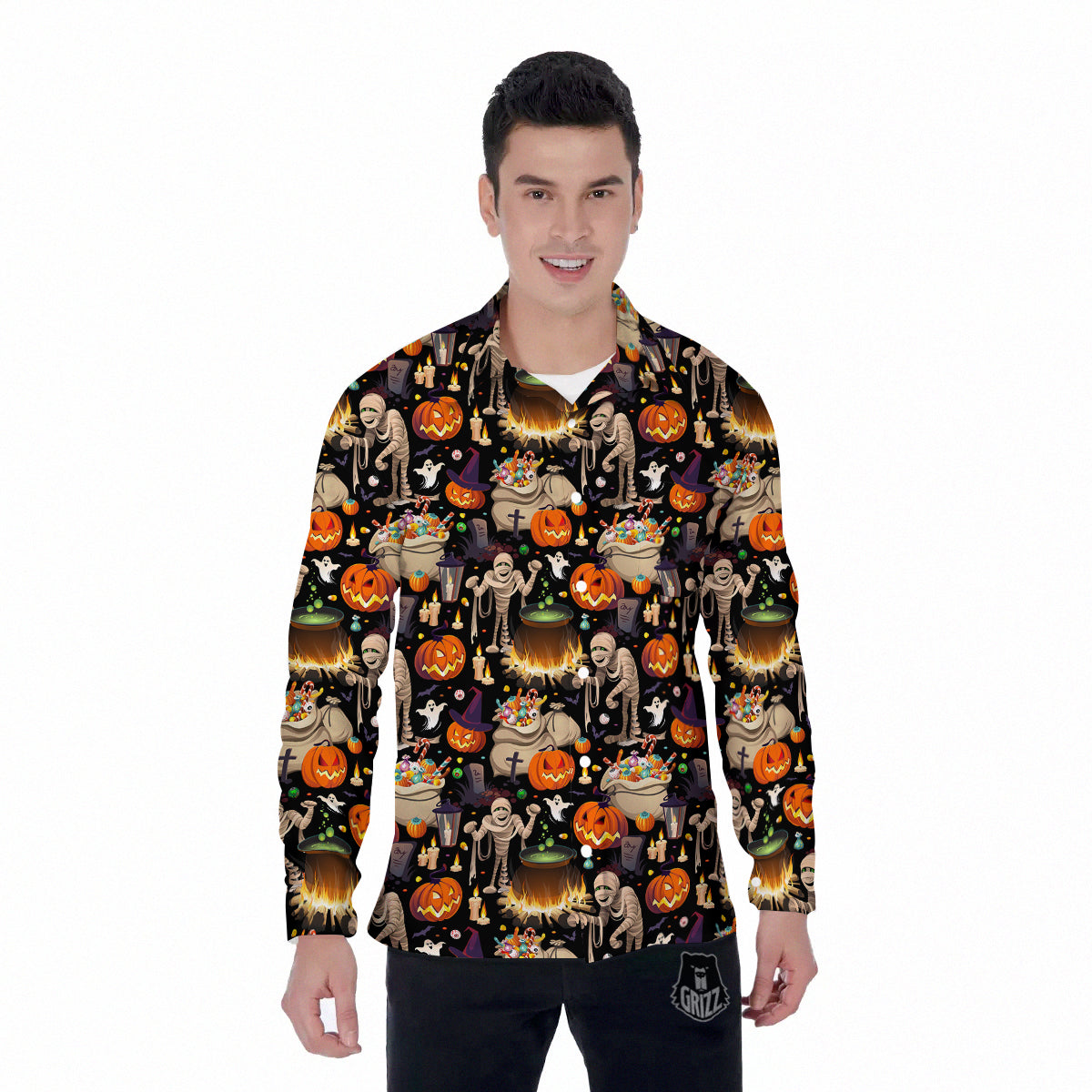 Mummy And Pumpkins Halloween Print Pattern Men's Long Sleeve Shirts-grizzshop