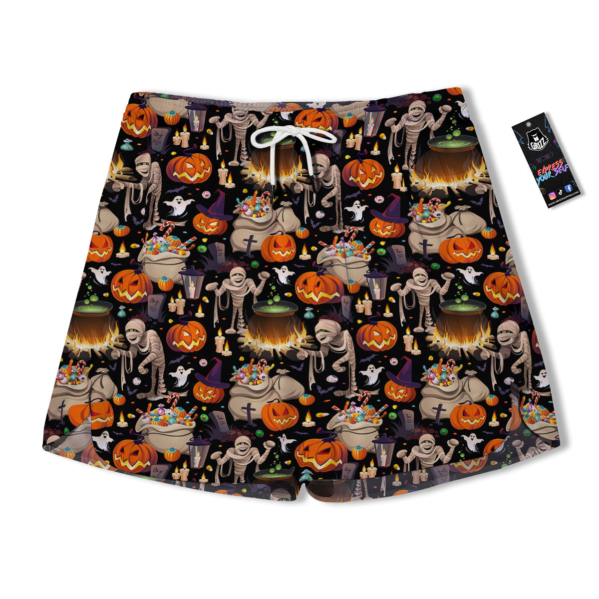 Mummy And Pumpkins Halloween Print Pattern Men's Running Shorts-grizzshop