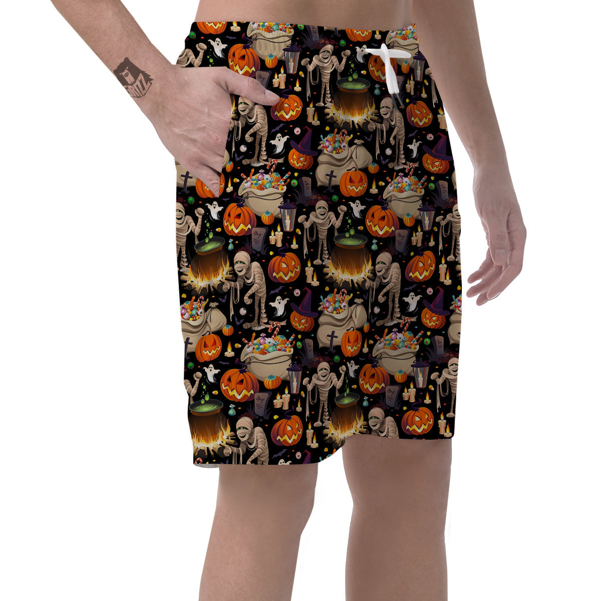 Mummy And Pumpkins Halloween Print Pattern Men's Shorts-grizzshop